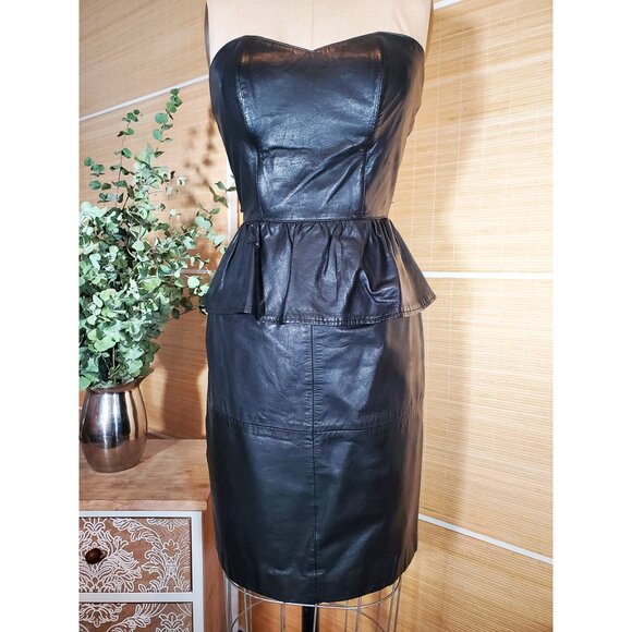 Vintage 80s Berman's Genuine Leather size S / size 2-4 Strapless Peplum Dress - Picture 2 of 13
